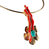 Ciondolo Artwork argento dorato corallo e quarzo verde