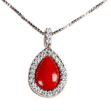 Ciondolo Goccia corallo rosso, corona zirconi, argento