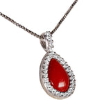 Ciondolo Goccia corallo rosso, corona zirconi, argento