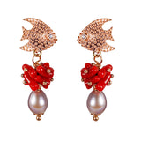 Orecchini Piscis Argento, corallo, perla barocca