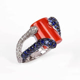 Anello Alghero - diamanti, zaffiri, corallo e oro bianco - Marina Ferraro Gioielli