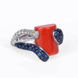 Anello Alghero - diamanti, zaffiri, corallo e oro bianco - Marina Ferraro Gioielli