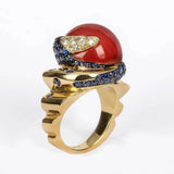 Anello Z in corallo, oro, zaffiri e diamanti - Marina Ferraro Gioielli