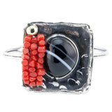 Bracciale quadrato argento fiammato, corallo rosso e agata striata - Marina Ferraro Gioielli