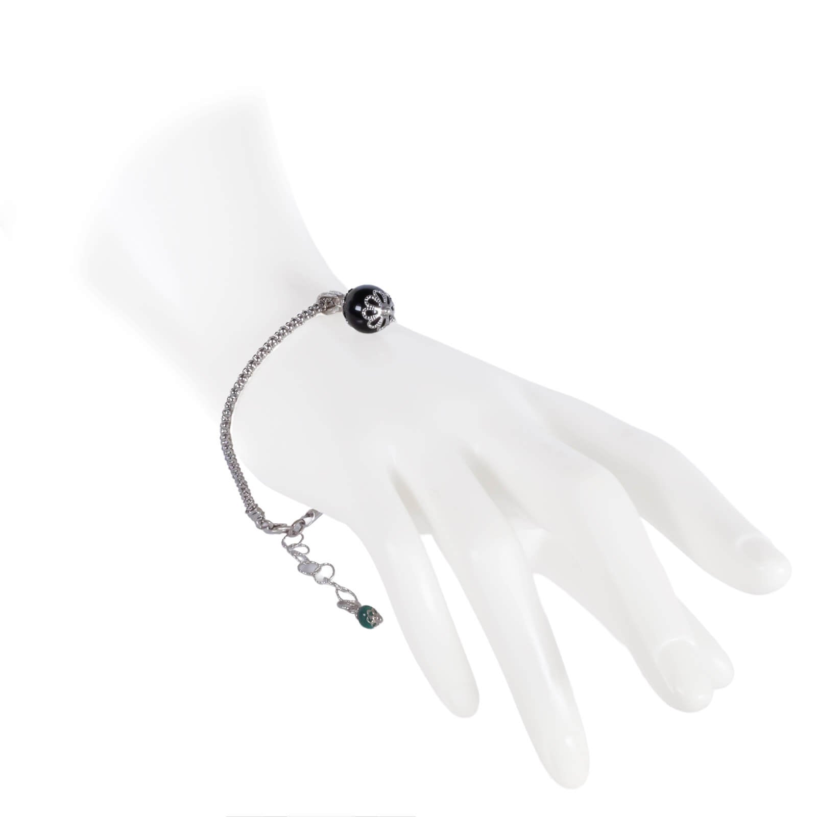 Bracciale elastico con pietre in onice nero e SU COCCU centrale, Argento brunito, portafortuna/amuleto tipico Sardo
