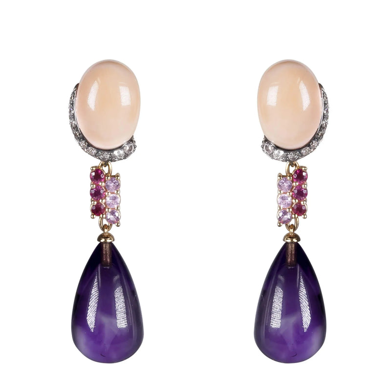 Orecchini Violetta oro, diamanti, ametista, corallo rosa