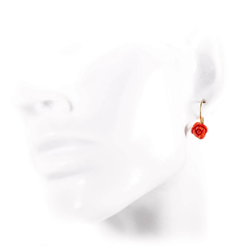 Red coral pink and gold drop earrings