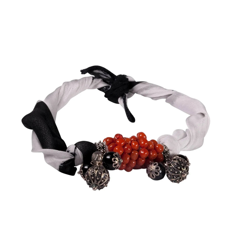 Red coral scarf bracelet, silver filigree and kokku onyx