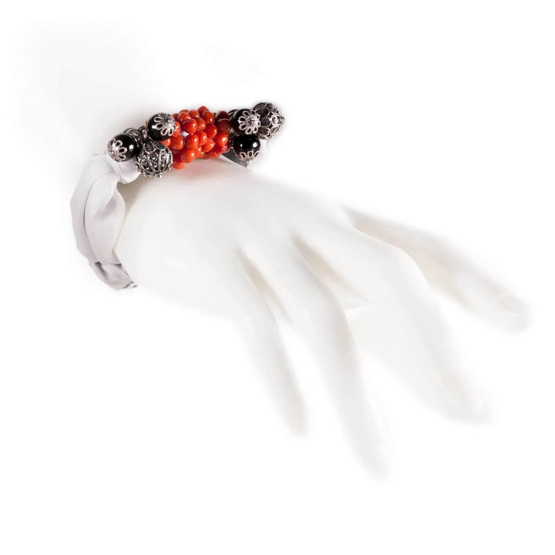 Red coral scarf bracelet, silver filigree and kokku onyx