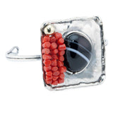 Bracciale quadrato argento fiammato, corallo rosso e agata striata - Marina Ferraro Gioielli