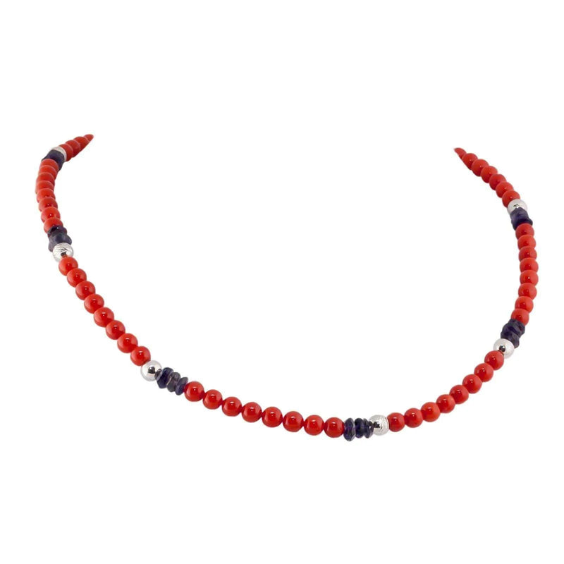 Collana in corallo rosso rubrum, oro bianco e zaffiri - Marina Ferraro Gioielli